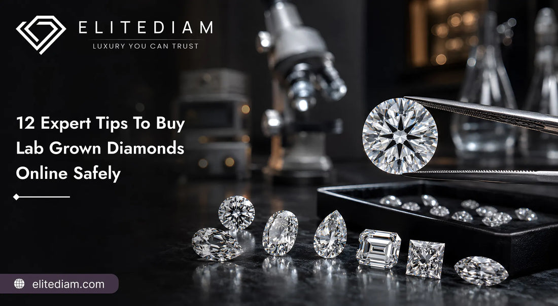 Tips to Buy Lab Grown Diamonds Online Safely from Elite Diam, featuring certified loose diamonds under lab magnification.