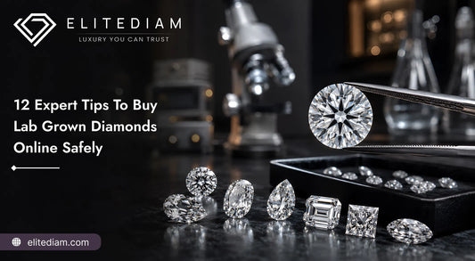Tips to Buy Lab Grown Diamonds Online Safely from Elite Diam, featuring certified loose diamonds under lab magnification.