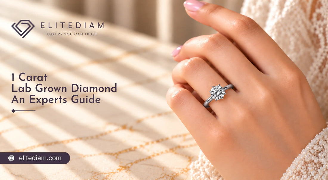 1 Carat Lab Grown Diamond Solitaire Ring on Hand With an Expert Guide for Diamond Buyers.