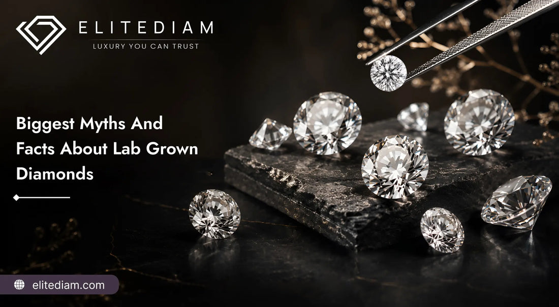 Round brilliant Lab Grown Diamonds on black marble for the Myths and Facts About Lab Grown Diamonds article.
